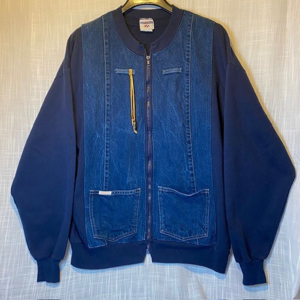 Vintage 80s SASSON Jerzees Blue Denim Fleece Jacket Womens Size XL Full Zip